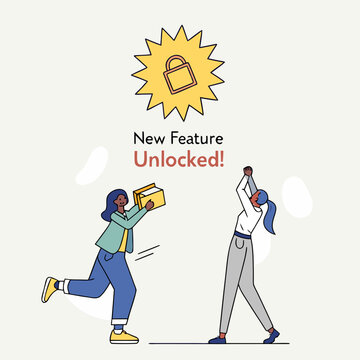 Two people celebrating new feature unlocked with padlock