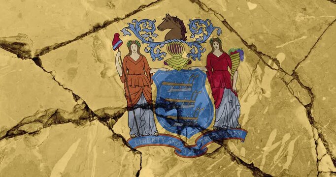 A panning video of a cracked wall with The new jersey state flag of the United States of America