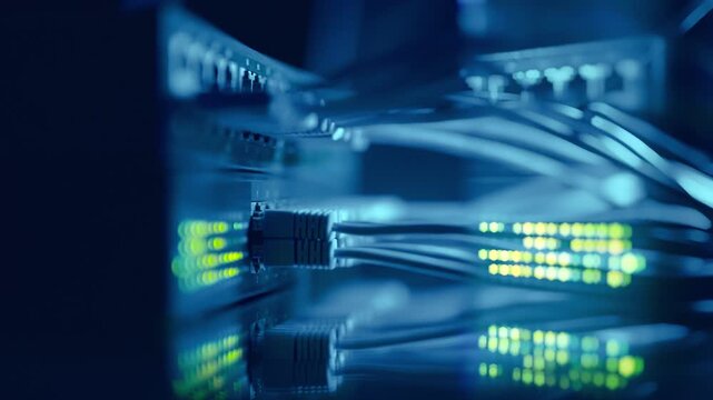Futuristic High-Speed Data Center Network Connections. Fiber Optic and Ethernet Cables, Server Rack Lights, AI GPU CPU Cloud Computing, Big Data Analytics, Cybersecurity Digital Technology Background