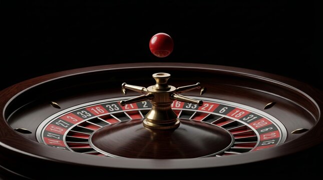 Red roulette ball frozen above spinning wheel dramatic casino moment of chance