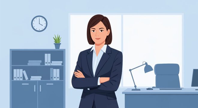 Vector illustration of a professional businesswoman standing with arms crossed in a modern office interior with a desk, chair, desk lamp, wall clock, and bookshelf with files.