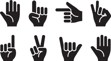 Fototapeta premium A comprehensive set of modern black silhouette hand gesture icons, illustrating various forms of non-verbal communication, pointing, and universal signals in a clean vector style