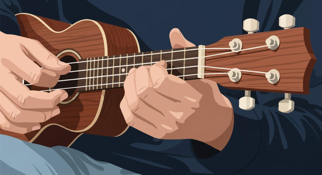 Detailed vector illustration showing a close-up of hands playing a four-string wooden ukulele, fingers pressing frets on the neck and right hand strumming over the soundhole.