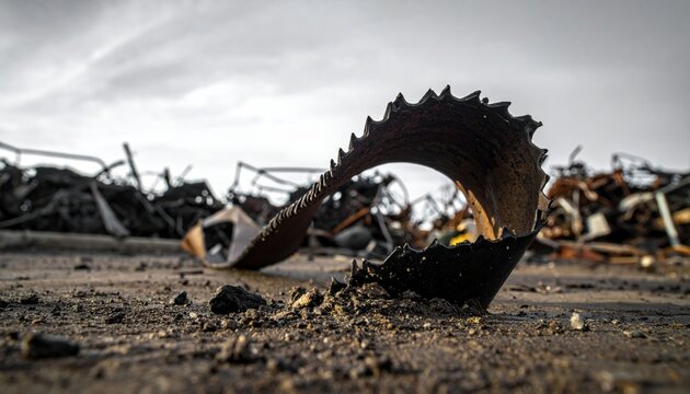 A twisted and mangled piece of metal strapping with sharp irregular edges lying on the ground amidst the wreckage of a destroyed structure in an outdoor setting.