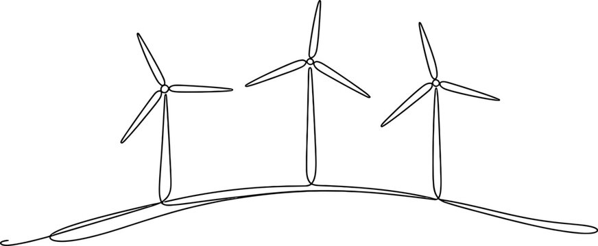 Three wind turbines in a row drawn with a single continuous line style for renewable energy and sustainable power generation concepts Vector, illustration