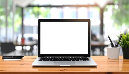 Fototapeta premium Close up modern laptop with blank display on office wooden desk