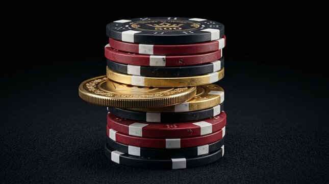 Poker chip stack with golden chip high stakes casino concept close-up