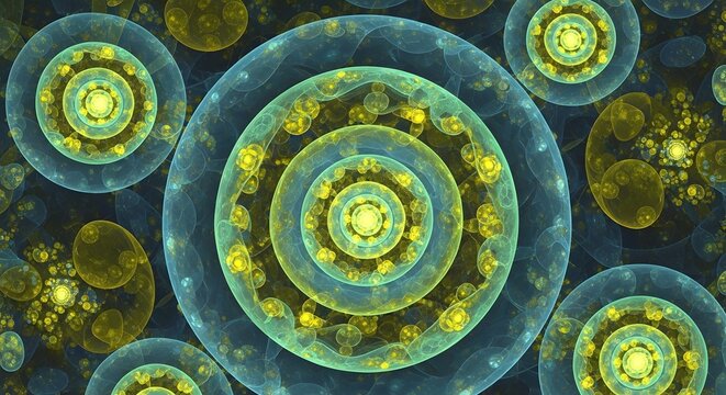 Abstract fractal circles and bubbles in blue and yellow