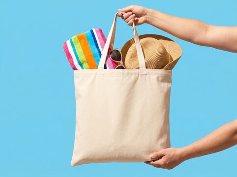 Hands holding a beige canvas tote bag filled with beach essentials like a striped towel, sunglasses, and a straw hat against a bright blue sky.