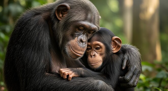 Tender Embrace of a Mother Chimpanzee and Her Baby in the Lush Forest