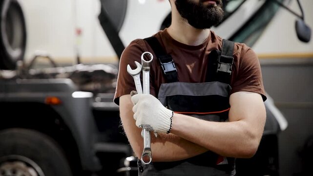 Mechanic in overalls and gloves holding wrenches with arms crossed, standing confident at a vehicle service garage