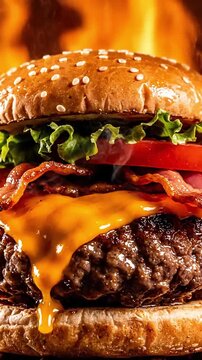 A juicy cheeseburger with bacon and lettuce is grilled over an open flame in this close-up video