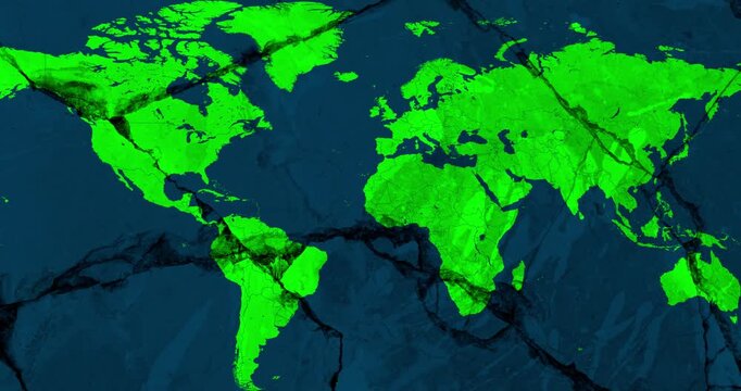 A panning video with a green world political map over a blue cracked wall