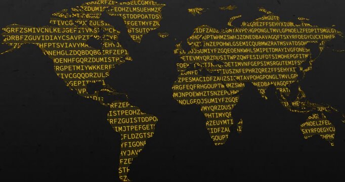 A panning video of a wold map with an orange neon code of words codifying over a grey worn out background