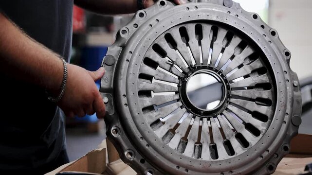 Mechanic handling a new clutch pressure plate during car maintenance in an auto repair workshop