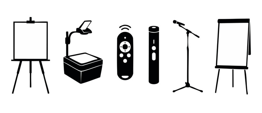 Presentation equipment icons set, conference tools and meeting supplies vector silhouettes, projector overhead remote microphone flipchart and easel for business training workshops and educational sem