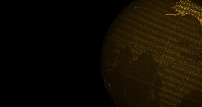 An orange neon tech earth globe at the right side of the screen with a word code blinking and a black background