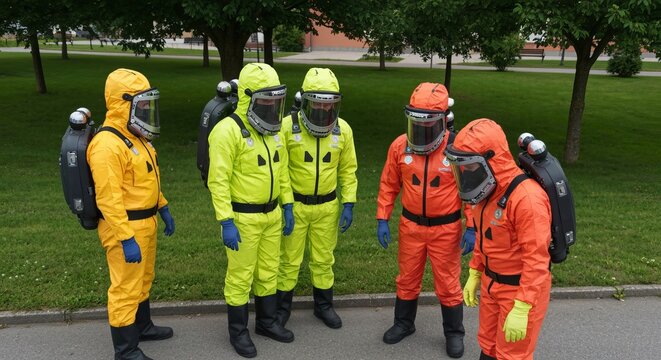 Disease control team in protective suits responding to radiological threats and ensuring safety