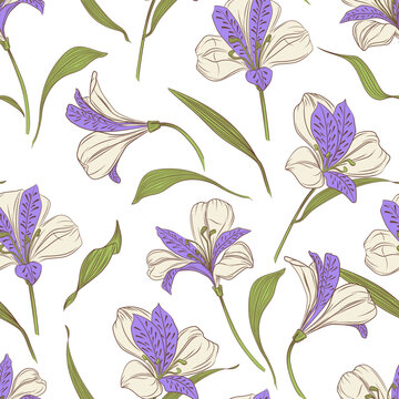 Seamless pattern with alstroemeria flowers and leaves. Elegant botanical vector illustration with purple and cream petals, decorative floral background for textile, wrapping, and surface design.