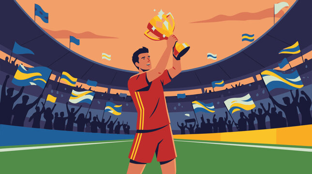 A football player in a red uniform with yellow details, raising a golden trophy in a football stadium with a large crowd and flags waving in the background, vector illustration.