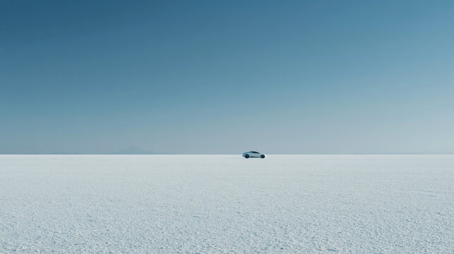 Side View of a Very Small Car Parked on a Vast Empty White Salt Flat Landscape Under a Clear Light Blue Sky for Minimalist Art