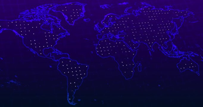 A panning video of a blue violet neon world map with a white blinking balls over a blurred grid on a technology concept