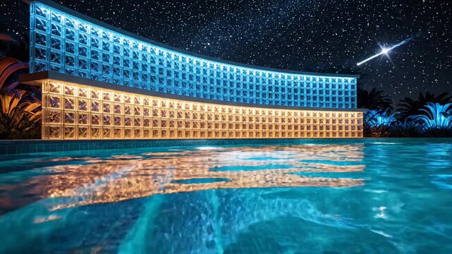 Luxury swimming pool with glowing glass wall under starry sky