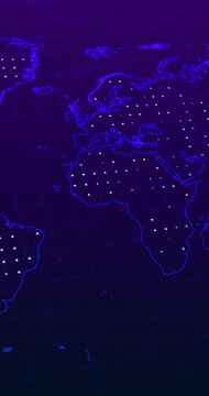 A panning vertical video of a blue violet neon world map with a white blinking balls over a blurred grid on a technology concept