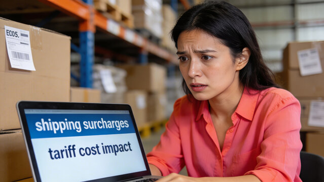 Concerned asian female in warehouse analyzing shipping surcharges and tariff cost impact on laptop