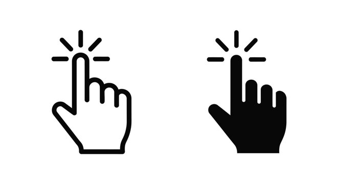 Cursor hand icon clicking with radiating lines in outline and solid black vector art representing selection and interaction