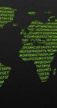 A panning video of a wold map with a green neon code of numbers codifying over a dark green worn out background