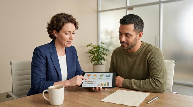 Addiction counselor and client reviewing wellness progress on tablet