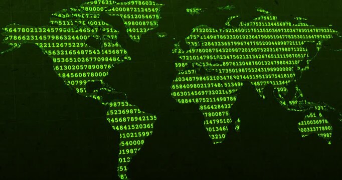 A panning video of a wold map with a green neon code of numbers codifying over a dark green worn out background