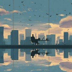 Obraz premium Pigeon in business suit at glass desk reviewing reports with city skyline at afternoon