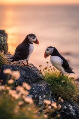 Naklejka premium Two Adorable Atlantic Puffins Perched on a Grassy Coastal Cliff During a Golden Hour Sunset Over the Ocean, Beautiful Wildlife Photography for Nature Conservation, Travel, and Environmental Branding