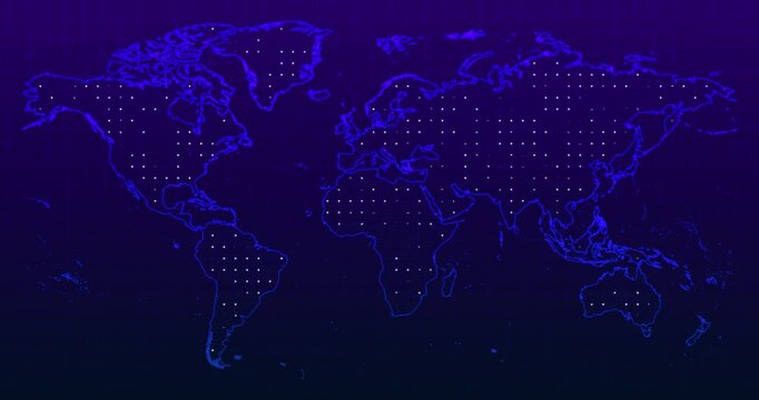 an animation of a blue violet neon map of the world with a white blinking lights on a technology concept