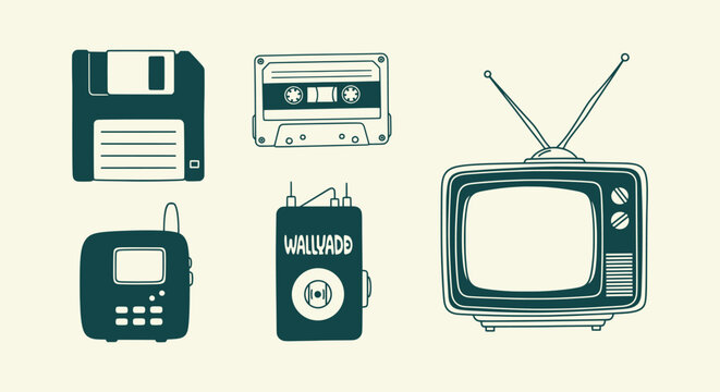 Vintage Technology Icon Set Featuring Floppy Disk Audio Cassette Retro Television and Pager Design