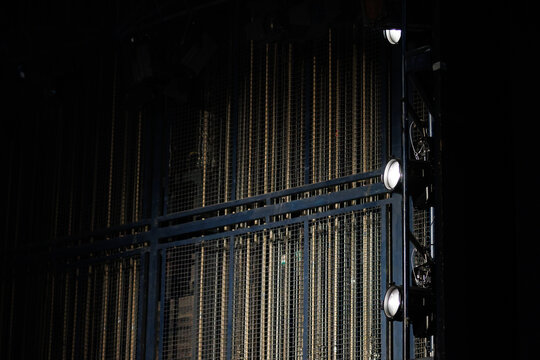 Lighting setup and grid system in a theater for a performance at night