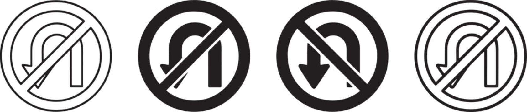 Set of no u-turn traffic road signs showing various graphic styles including minimal thin line outline bold solid silhouette bold line style geometric outline stroke and rounded outline stroke Vector