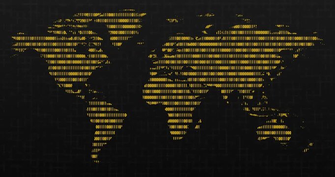 an animation of an orange neon world map with a blinking binary code into the continents and a blurred grid over a dark background