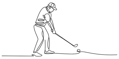Continuous single line drawing of a golf player hitting a ball with a club during a professional outdoor sports game match Vector, illustration © Creative_Oneline