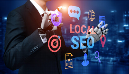 A humanoid robot engages with digital icons that symbolize local SEO elements, set against an...