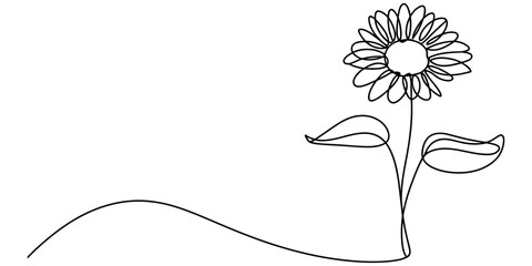 Naklejka premium Sunflower flower drawing made with a single continuous black line art style on a simple minimalist design Vector, illustration