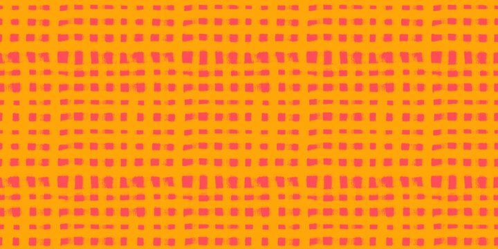 Hand drawn yellow geometric plaid seamless pattern on red. Uneven lines brush stroke style traditional square gingham background. Checkered wallpaper print, checkered mosaic grid tartan texture bundle