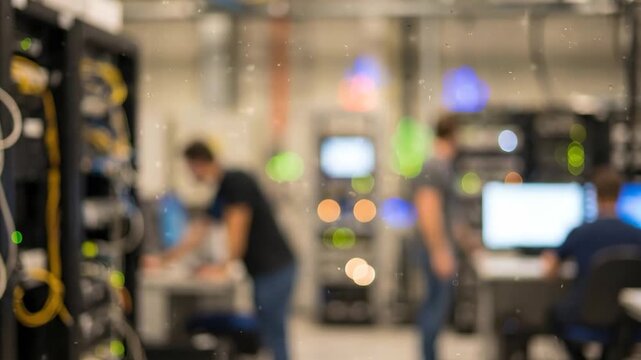 Blurred Data Center Server Room Blue Green Bokeh Technology Background IT Infrastructure Network Template	
