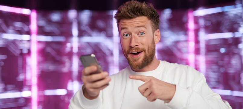 White male tech explainer channel host surprised while pointing to phone in futuristic review studio