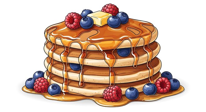 Delicious stack of pancakes with syrup blueberries and raspberries on top