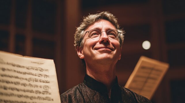White male music theory professor closing his eyes with soft smile holding sheet music
