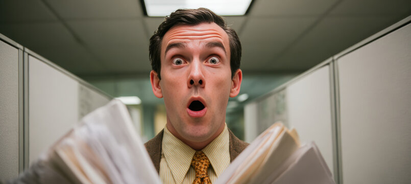 White male office intern wide - eyed with shock holding invisible reports in cubicle setting