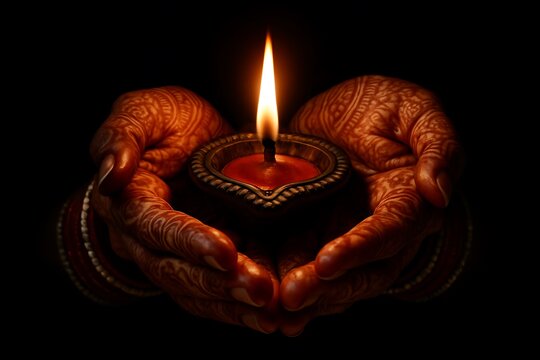 Beautifully lit earthen oil lamp held by hands with traditional bridal mehendi designs during Diwali festival celebrations or a sacred Hindu ritual ceremony.